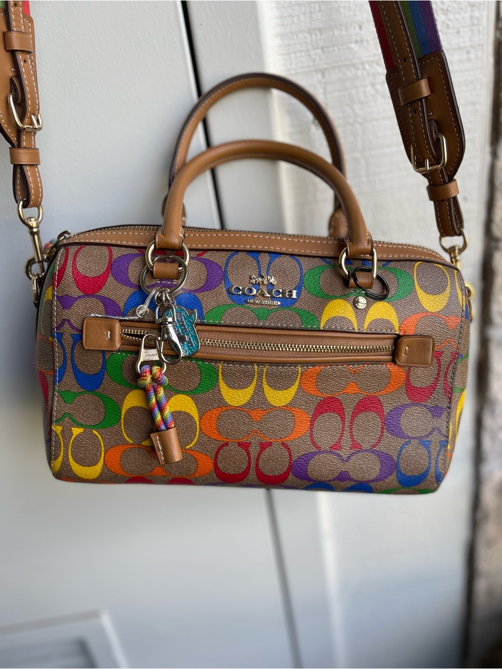 Coach Multicolor crossbody Rainbow Signature Bag in Tan with Leather Trim